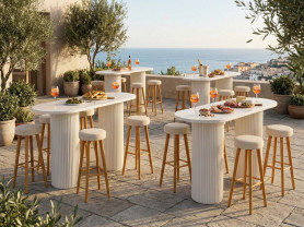 Assembly of white double Oslo stools and tables